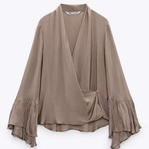 Zara Wrap Surplice Ruffle Sleeve Satin Look Taupe Grey Blouse